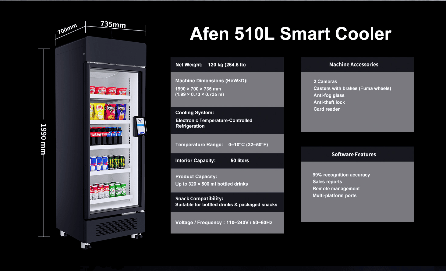 Dimansyon ak Kapasite Machin Distribitè AFEN Smart Cooler AI 510L Kapasite depo gwo dansite nan machin lavant AFEN AI a maksimize ROI nan lavant an detay nan yon anprint kontra enfòmèl ant.