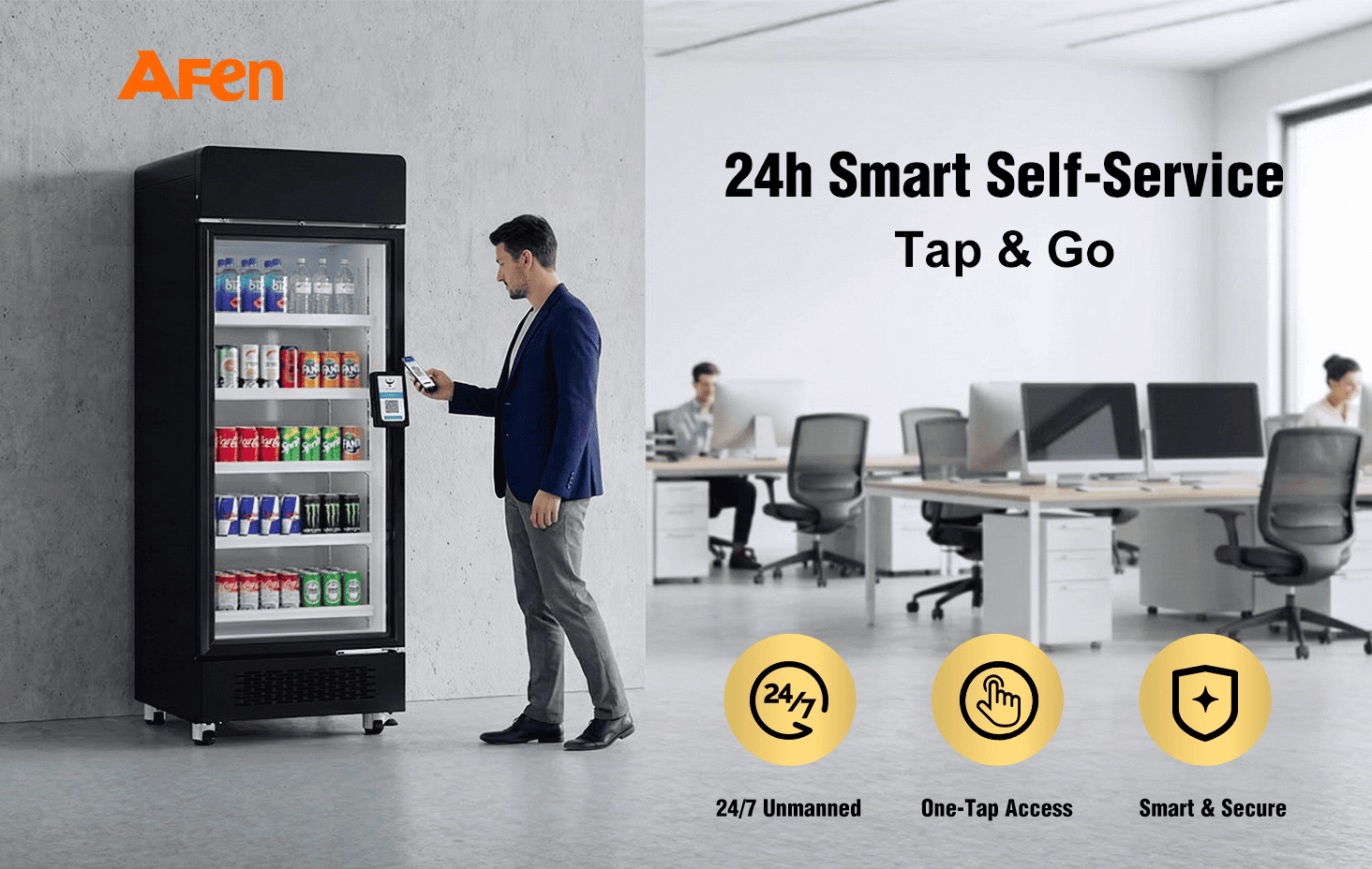 AFEN Smart Cooler 510L Hero Scene Refwadisè entelijan AFEN 510 la bay solisyon versatile pou biwo ak jimnaz san moun pou vann an detay 24 sou 24, 7 jou sou 7.